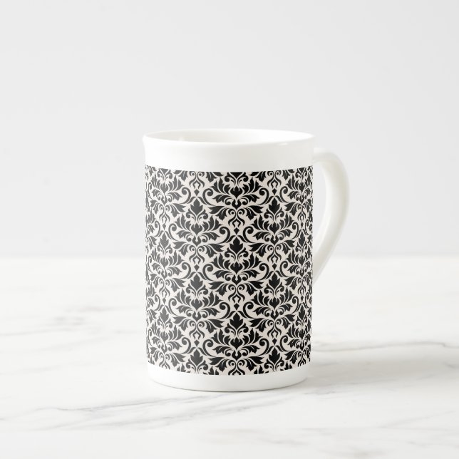 Flourish Damask Pattern Black on Cream Bone China Mug (Front Right)