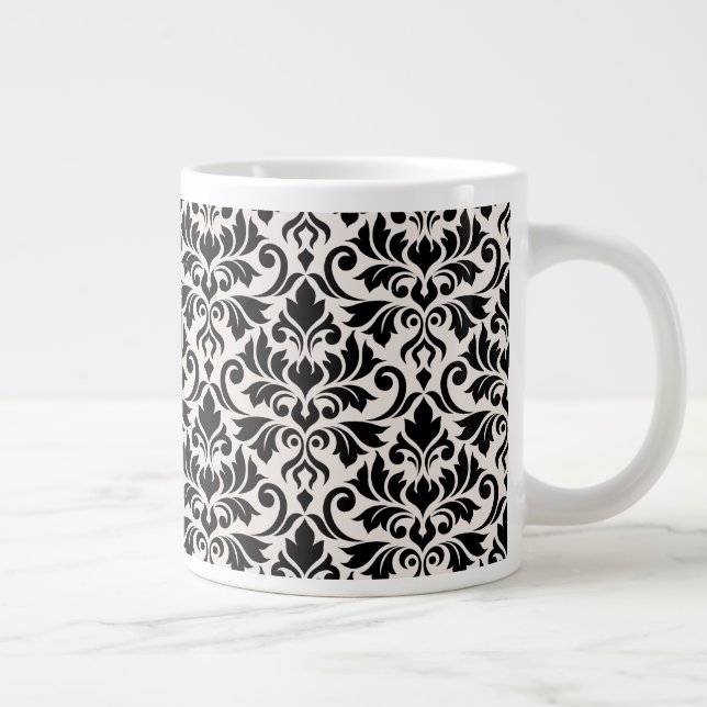 Flourish Damask Pattern Black on Cream Large Coffee Mug (Right)