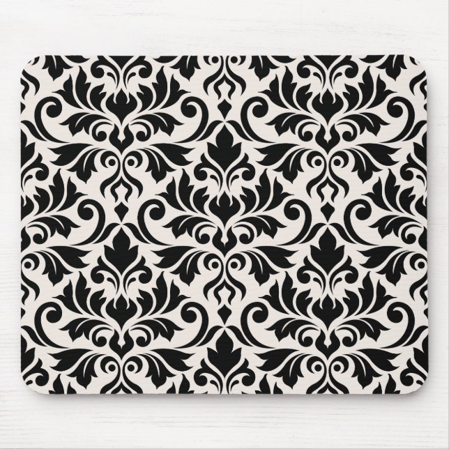 Flourish Damask Pattern Black on Cream Mouse Mat (Front)