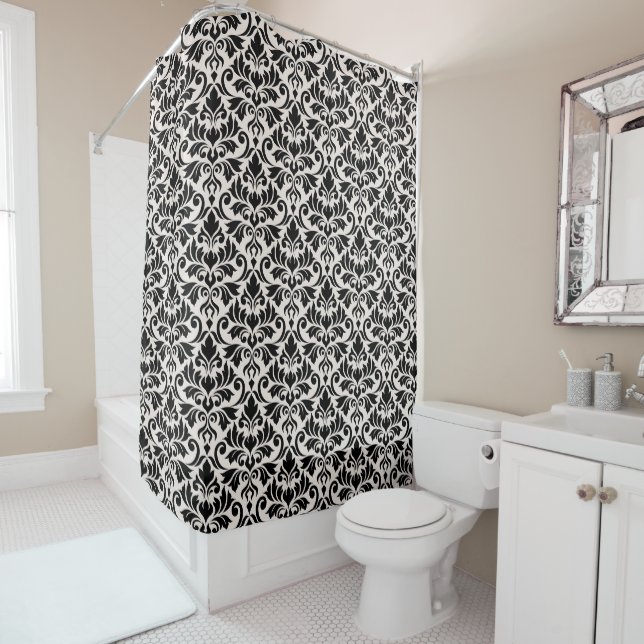 Flourish Damask Pattern Black on Cream Shower Curtain (In Situ)