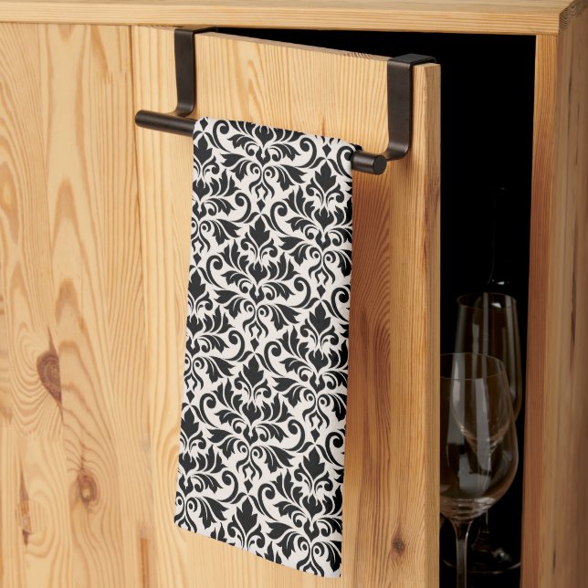Flourish Damask Pattern Black on Cream Tea Towel (Thirds Fold)