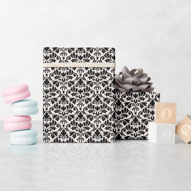 Flourish Damask Pattern Black on Cream Wrapping Paper (Baby Shower)