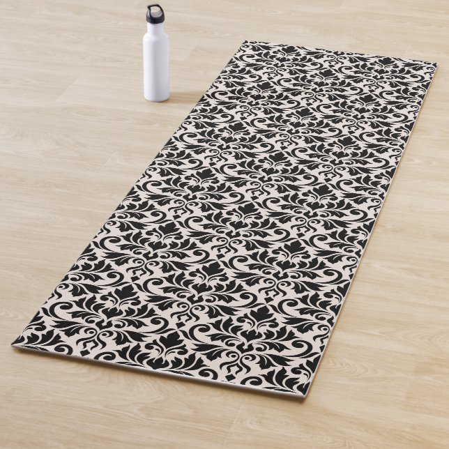 Flourish Damask Pattern Black on Cream Yoga Mat (In Situ)