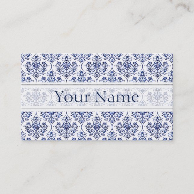 Flourish Damask Pattern - blue Business Card (Front)