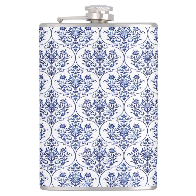 Flourish Damask Pattern - blue Hip Flask (Front)