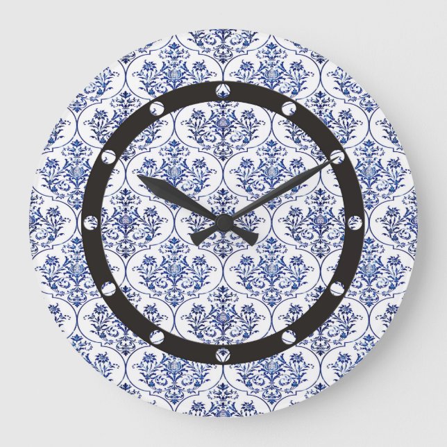 Flourish Damask Pattern - blue Large Clock (Front)