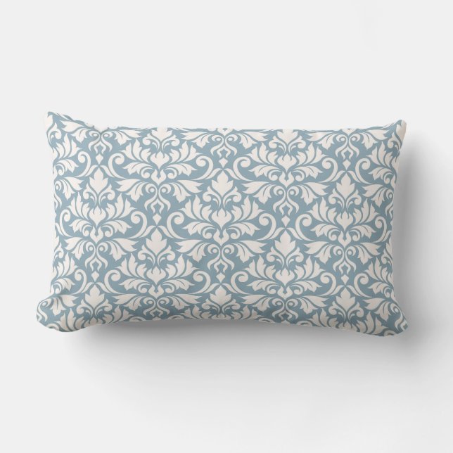 Flourish Damask Pattern Cream on Blue Lumbar Cushion (Front)