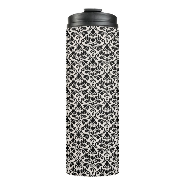 Flourish Damask Rpt Pattern Black on Cream Thermal Tumbler (Front)