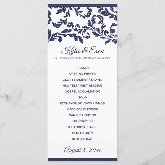 Flourish Elegant Wedding Program | Navy Blue Programme (Front)