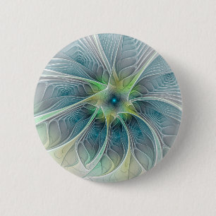 Flourish Fantasy Modern Blue Green Fractal Flower 6 Cm Round Badge