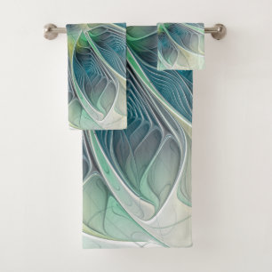 Flourish Fantasy Modern Blue Green Fractal Flower Bath Towel Set
