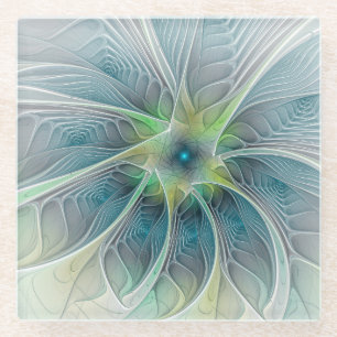 Flourish Fantasy Modern Blue Green Fractal Flower Glass Coaster