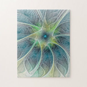 Flourish Fantasy Modern Blue Green Fractal Flower Jigsaw Puzzle