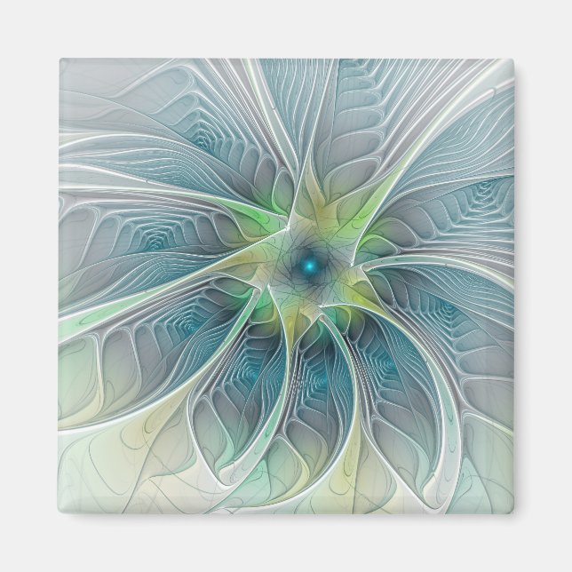 Flourish Fantasy Modern Blue Green Fractal Flower Magnet (Front)