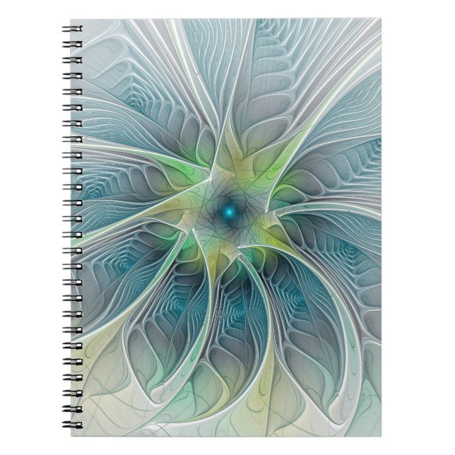 Flourish Fantasy Modern Blue Green Fractal Flower Notebook (Front)