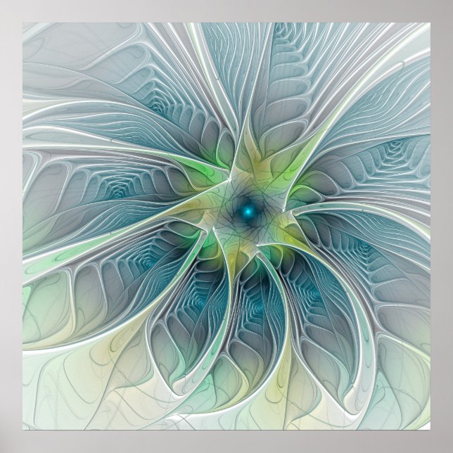 Flourish Fantasy Modern Blue Green Fractal Flower Poster (Front)