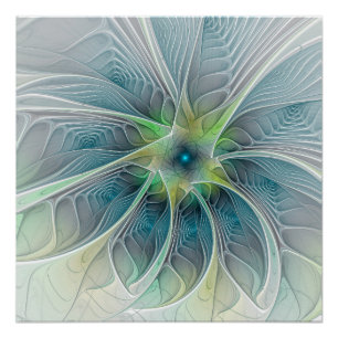 Flourish Fantasy Modern Blue Green Fractal Flower Poster