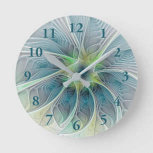Flourish Fantasy Modern Blue Green Fractal Flower Round Clock