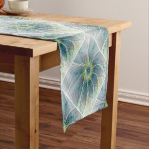 Flourish Fantasy Modern Blue Green Fractal Flower Short Table Runner