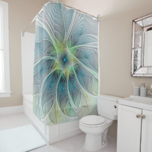 Flourish Fantasy Modern Blue Green Fractal Flower Shower Curtain