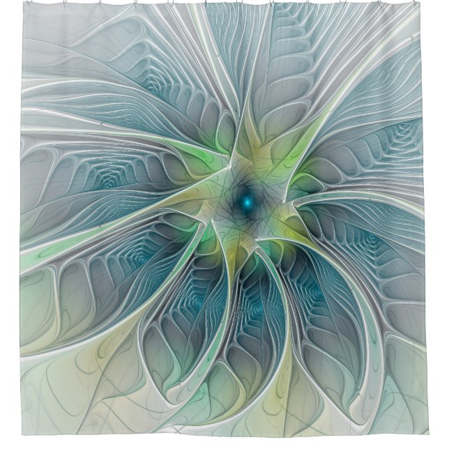 Flourish Fantasy Modern Blue Green Fractal Flower Shower Curtain (Front)