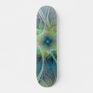 Flourish Fantasy Modern Blue Green Fractal Flower Skateboard