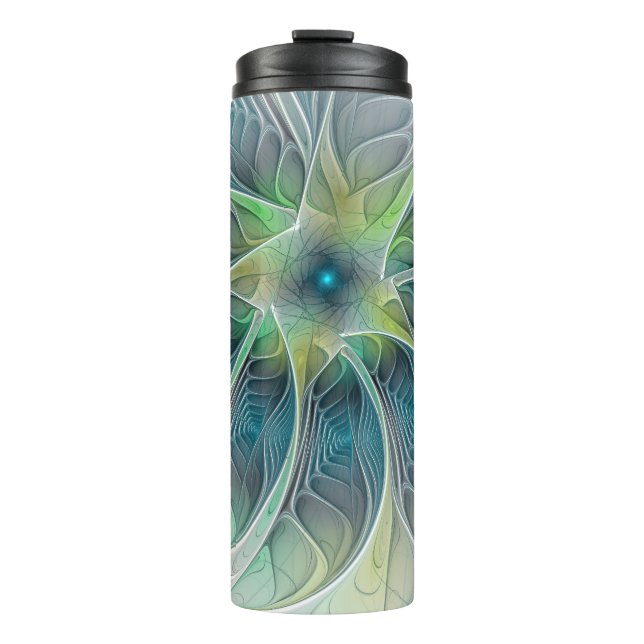 Flourish Fantasy Modern Blue Green Fractal Flower Thermal Tumbler (Front)