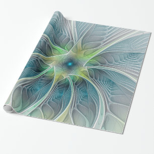 Flourish Fantasy Modern Blue Green Fractal Flower Wrapping Paper