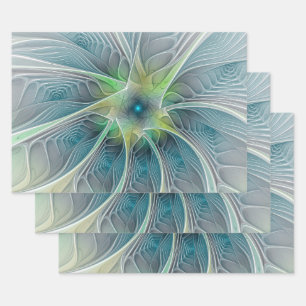 Flourish Fantasy Modern Blue Green Fractal Flower Wrapping Paper Sheet