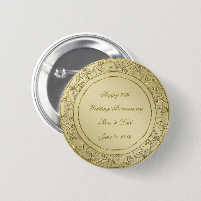 Flourish Gold 50th Wedding Anniversary 6 Cm Round Badge (Front & Back)