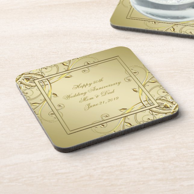 Flourish Gold 50th Wedding Anniversary Coaster (Left Side)