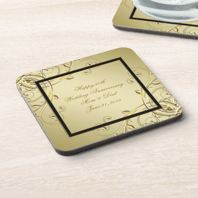 Flourish Gold 50th Wedding Anniversary Coaster (Left Side)