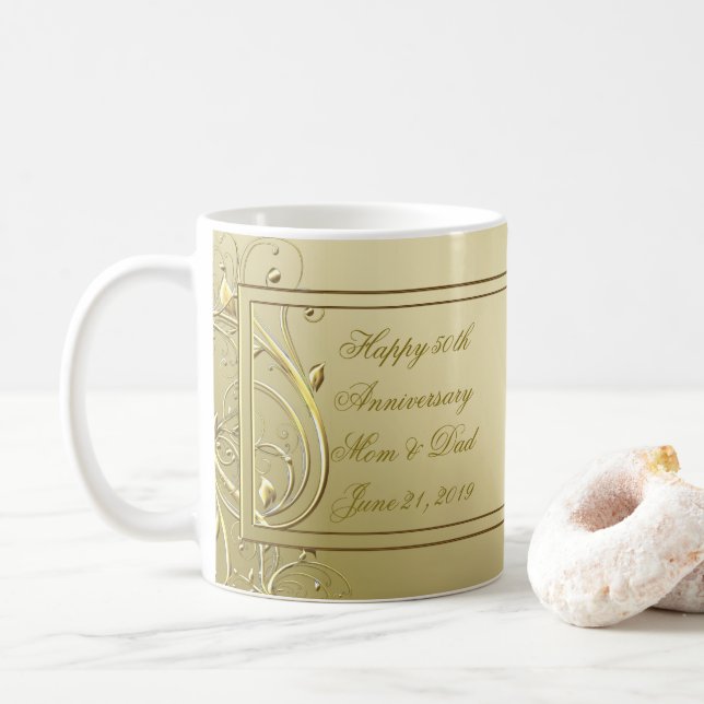 Flourish Gold 50th Wedding Anniversary Coffee Mug (With Donut)