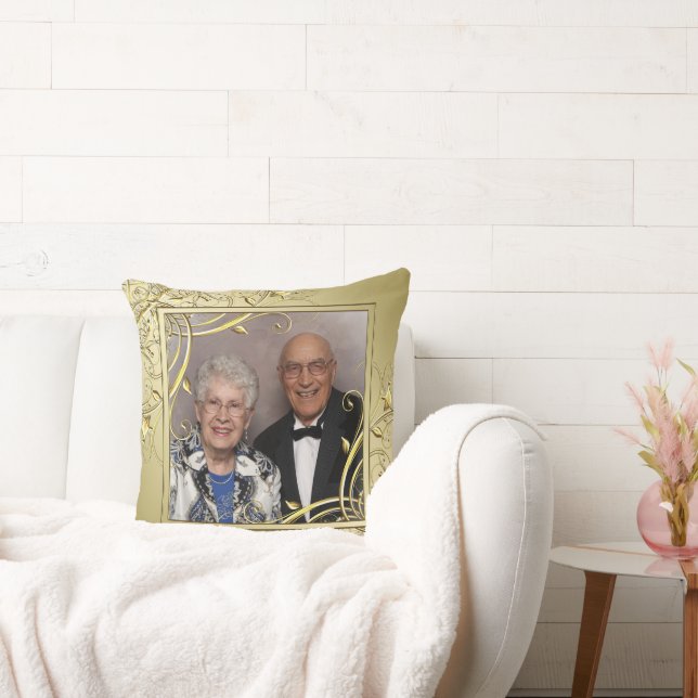 Flourish Gold 50th Wedding Anniversary Photo Cushion (Couch)