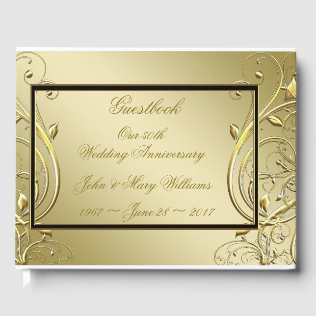 Flourish Gold Black 50th Wedding Anniversary Guest Book (Front)