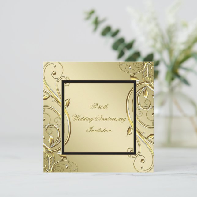 Flourish Gold Black 50th Wedding Anniversary Invitation (Standing Front)