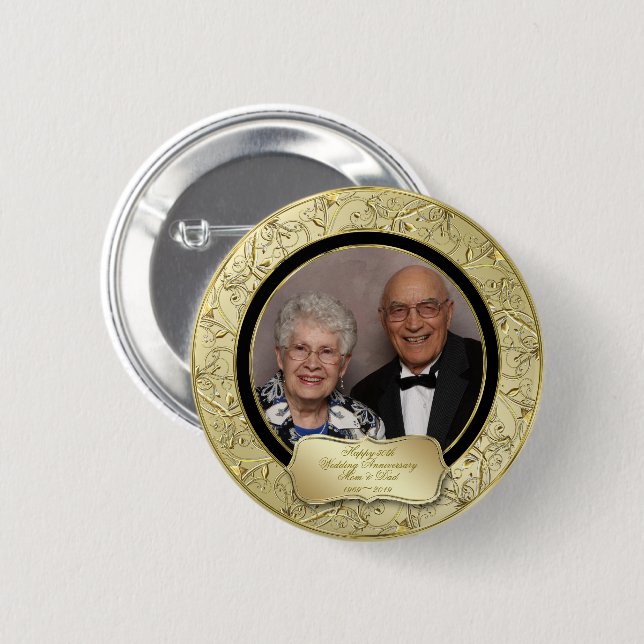 Flourish Gold Black 50th Wedding Anniversary Photo 6 Cm Round Badge (Front & Back)