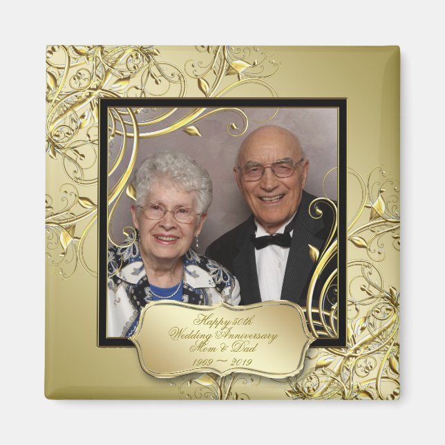 Flourish Gold Black 50th Wedding Anniversary Photo Magnet (Front)