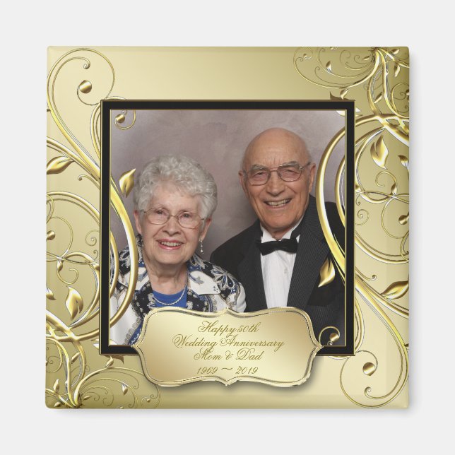 Flourish Gold Black 50th Wedding Anniversary Photo Magnet (Front)