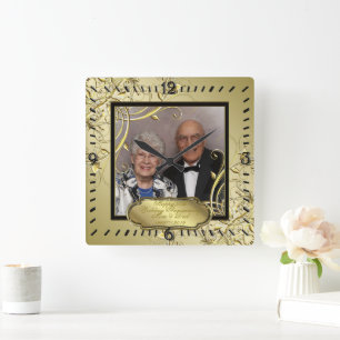 Flourish Gold Black 50th Wedding Anniversary Photo Square Wall Clock