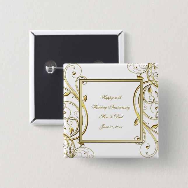 Flourish Gold White 50th Wedding Anniversary 15 Cm Square Badge (Front & Back)