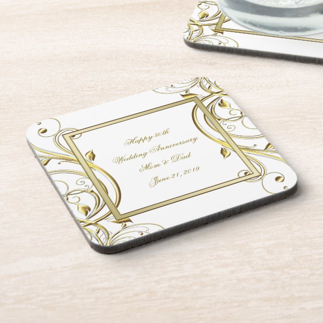Flourish Gold White 50th Wedding Anniversary Coaster (Left Side)