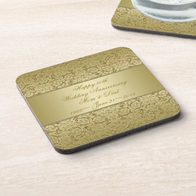 Flourish Golden 50th Wedding Anniversary Coaster (Left Side)