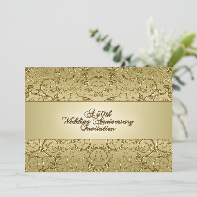 Flourish Golden 50th Wedding Anniversary Invitation (Standing Front)