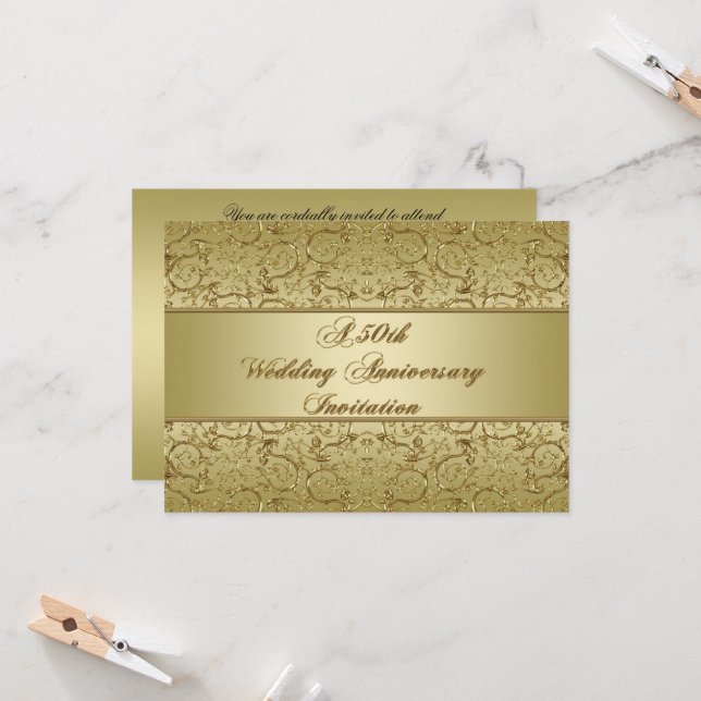 Flourish Golden 50th Wedding Anniversary Invitation (Front/Back In Situ)