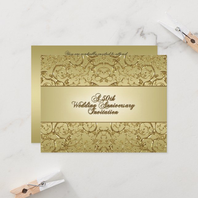 Flourish Golden 50th Wedding Anniversary Invitation (Front/Back In Situ)