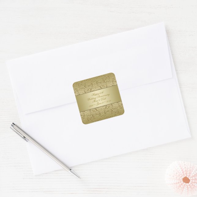 Flourish Golden 50th Wedding Anniversary Square Sticker (Envelope)