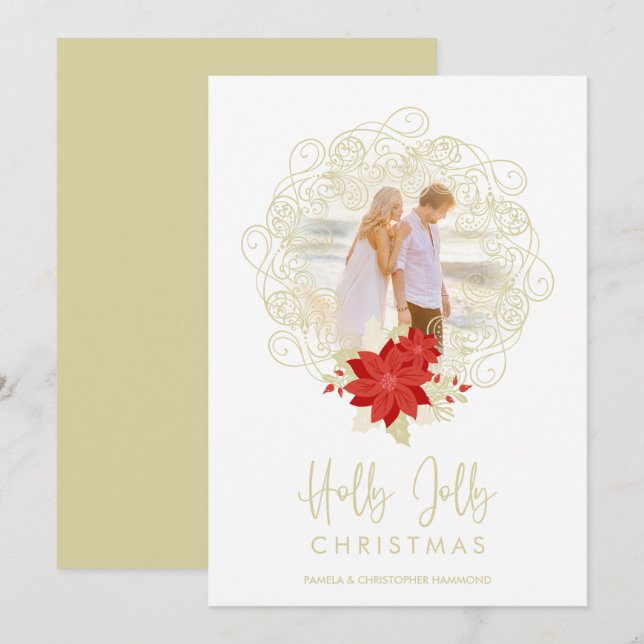 Flourish Golden Ornament Photo Christmas Flowers Holiday Card (Front/Back)