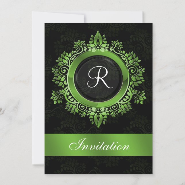 flourish green monogram  wedding Invitations (Front)