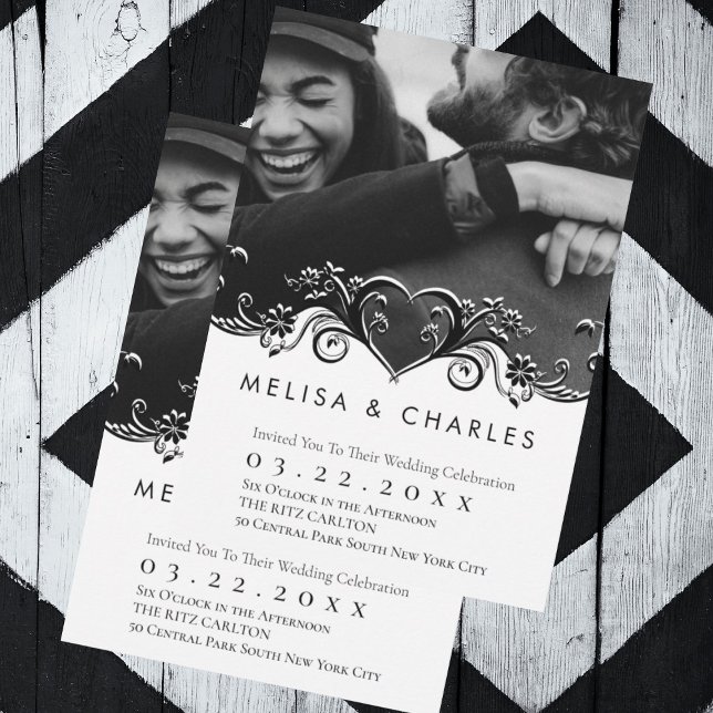 Flourish heart photo invitation (Black and white custom photo with white flourish monogram wedding invitation)